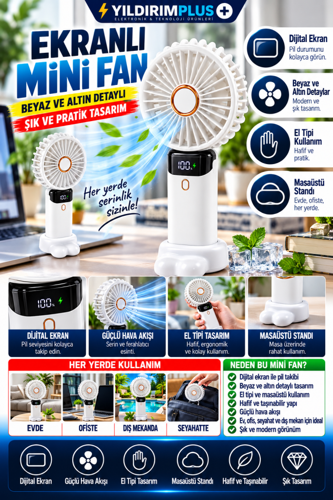 Şık ve pratik ekranlı mini fan
