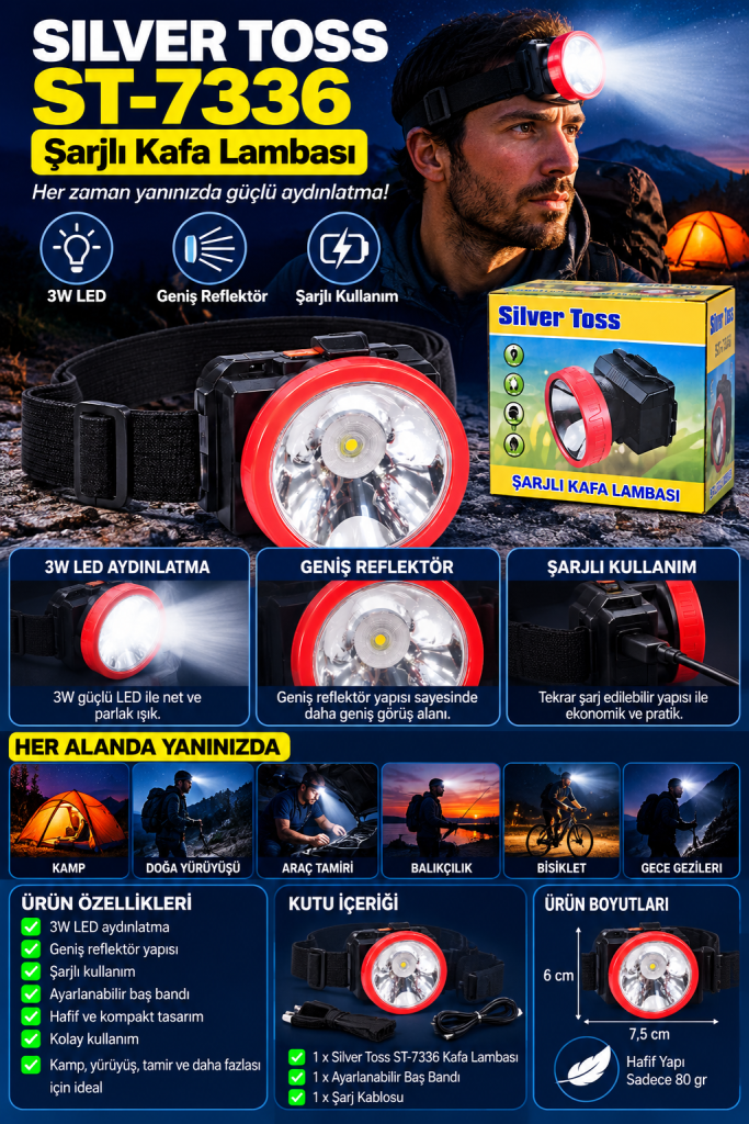 silver toss st 7336 3w led Şarjlı kafa lambası – geniş reflektörlü ayarlanabilirr baş feneri