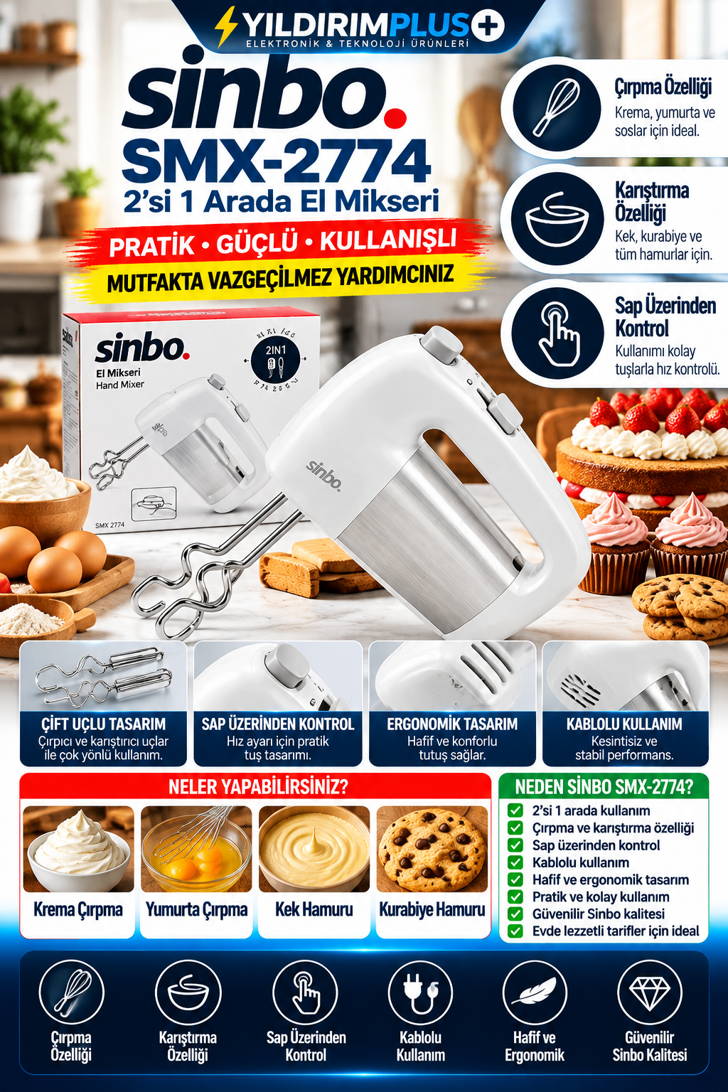 Sinbo SMX-2774 2’si 1 Arada El Mikseri | YILDIRIM PLUS sinbo smx 2774 mutfak yardımcısı