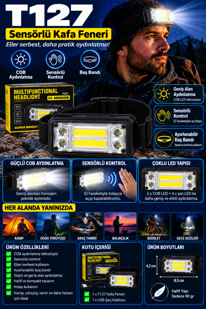t127 sensörlü Şarjlı cob led kafa feneri – el hareketi kontrollü ayarlanabilir baş lambası