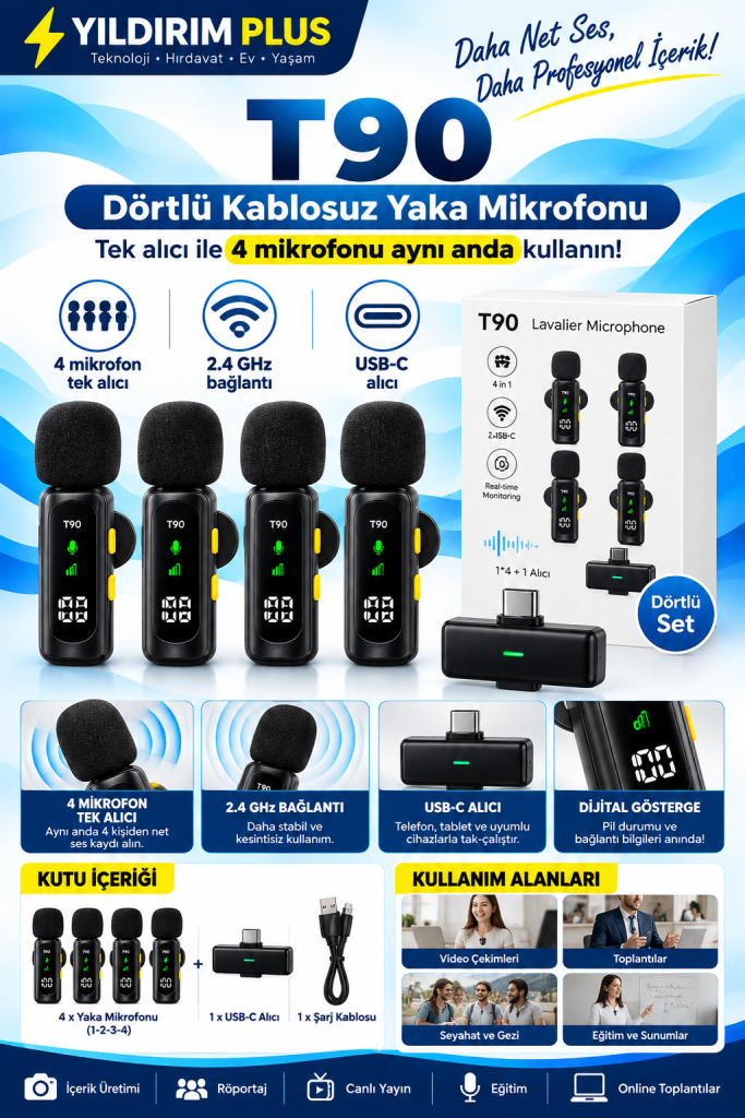 t90 dörtlü kablosuz mikrofon seti