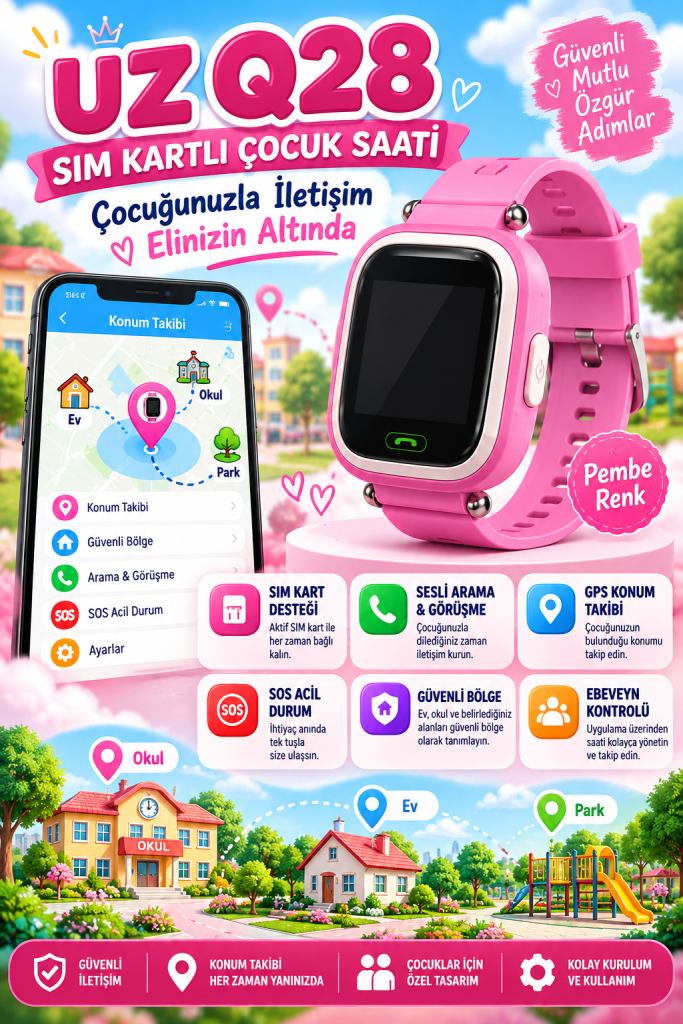 uz q28 pembe sim kartlı akıllı Çocuk saati – gps konum takibi ve sesli görüşme