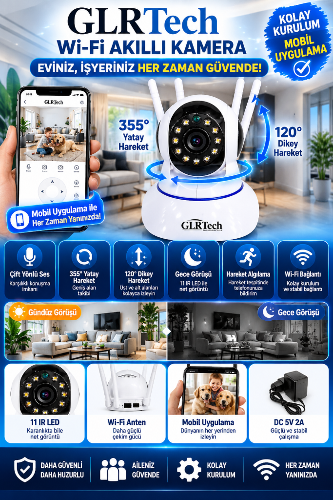 wi fi hareketli akıllı güvenlik kamerası – 355° yatay, 120° dikey, Çift yönlü ses