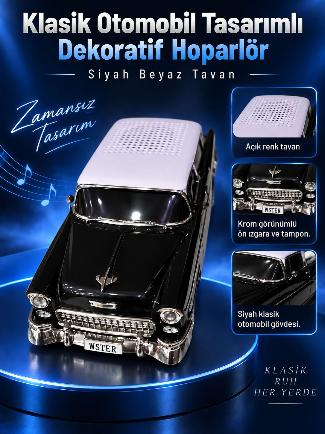 yp270926 004 kapak Klasik Otomobil Tasarımlı Dekoratif Hoparlör – Siyah Beyaz Tavan özelliklerini gösteren kapak görseli