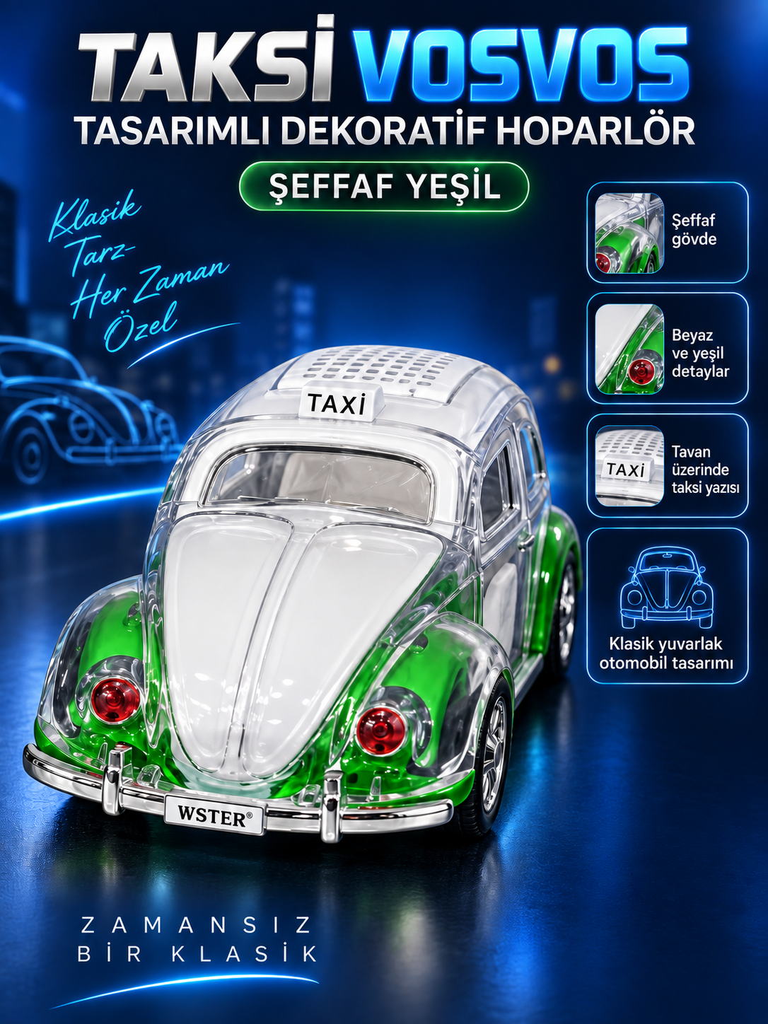 yp270926 008 kapak Taksi Vosvos Tasarımlı Dekoratif Hoparlör – Şeffaf Yeşil özelliklerini gösteren kapak görseli