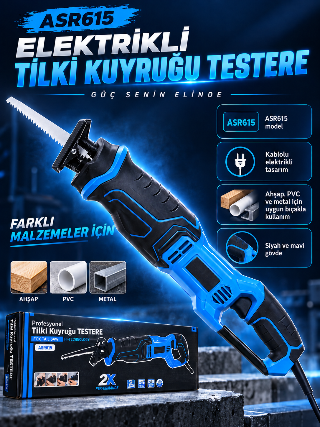 ASR615 Elektrikli Tilki Kuyruğu Testere – Kablolu Panter Testere, Ahşap PVC ve Metal Kesim ASR615 Elektrikli Tilki Kuyruğu Testere özelliklerini gösteren kapak görseli