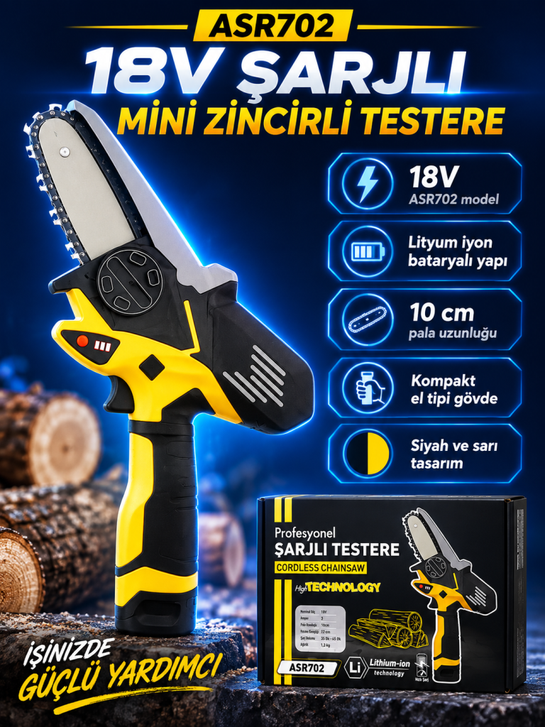 ASR702 18V Şarjlı Mini Zincirli Testere özelliklerini gösteren kapak görseli