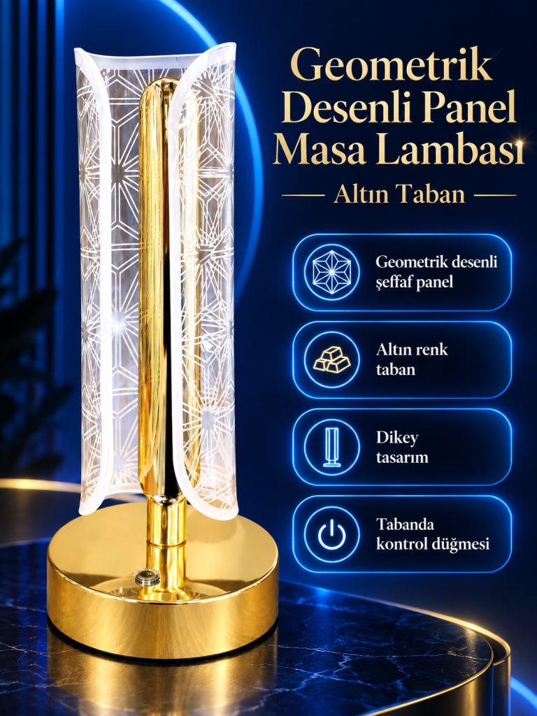 Geometrik Desenli Panel Masa Lambası – Altın Taban özelliklerini gösteren kapak görseli