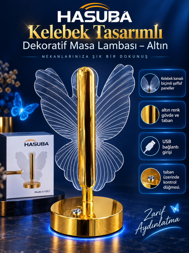 HASUBA Kelebek Tasarımlı Dekoratif Masa Lambası – Altın özelliklerini gösteren kapak görseli