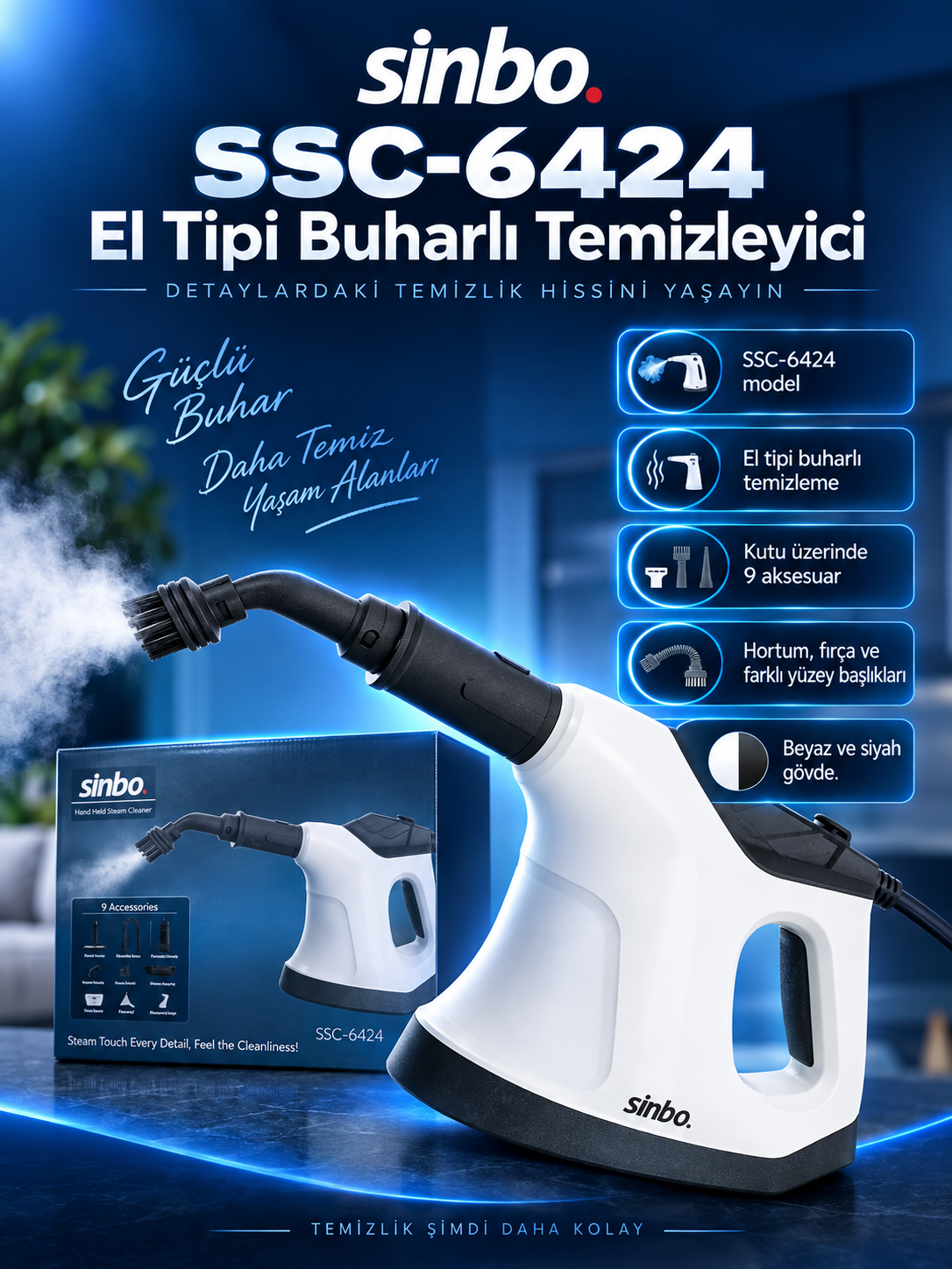 Sinbo SSC-6424 El Tipi Buharlı Temizleyici – 9 Aksesuarlı Çok Amaçlı Buhar Makinesi Sinbo SSC-6424 El Tipi Buharlı Temizleyici özelliklerini gösteren kapak görseli
