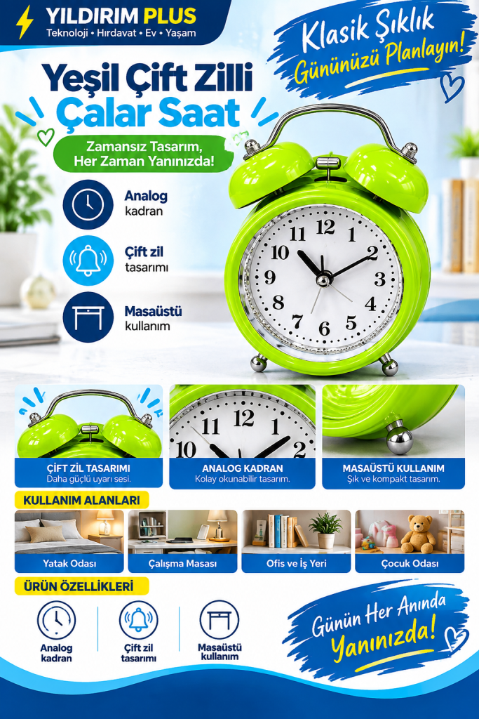 yeşil Çift zilli Çalar saat reklamı