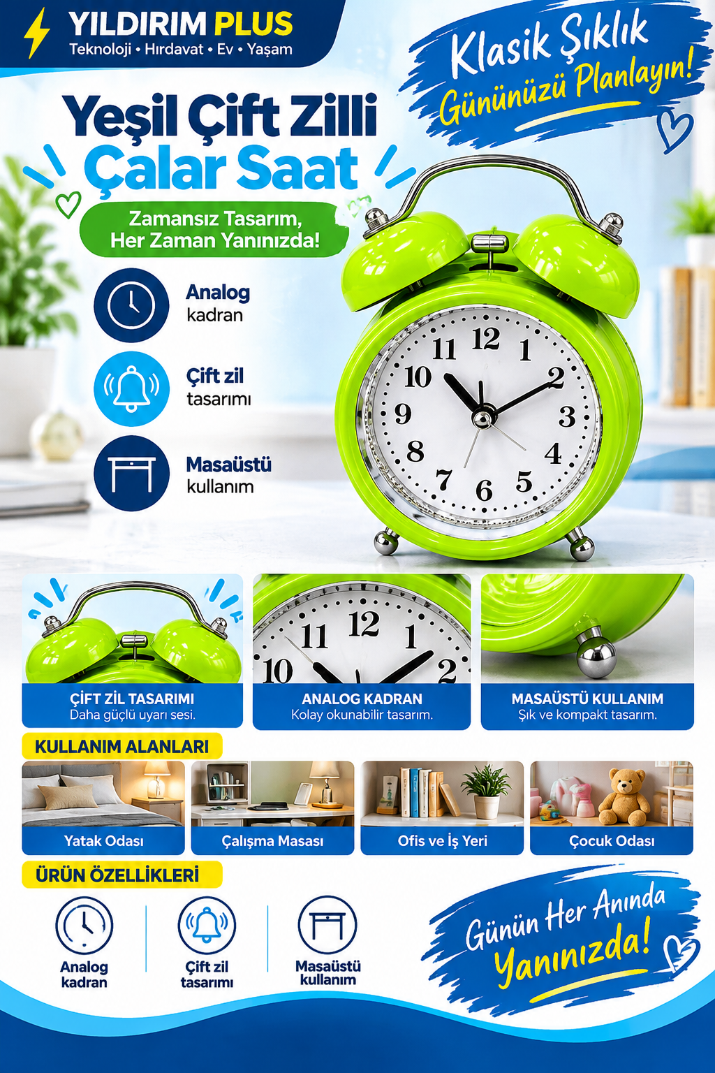 yeşil Çift zilli Çalar saat reklamı yeşil Çift zilli Çalar saat reklamı