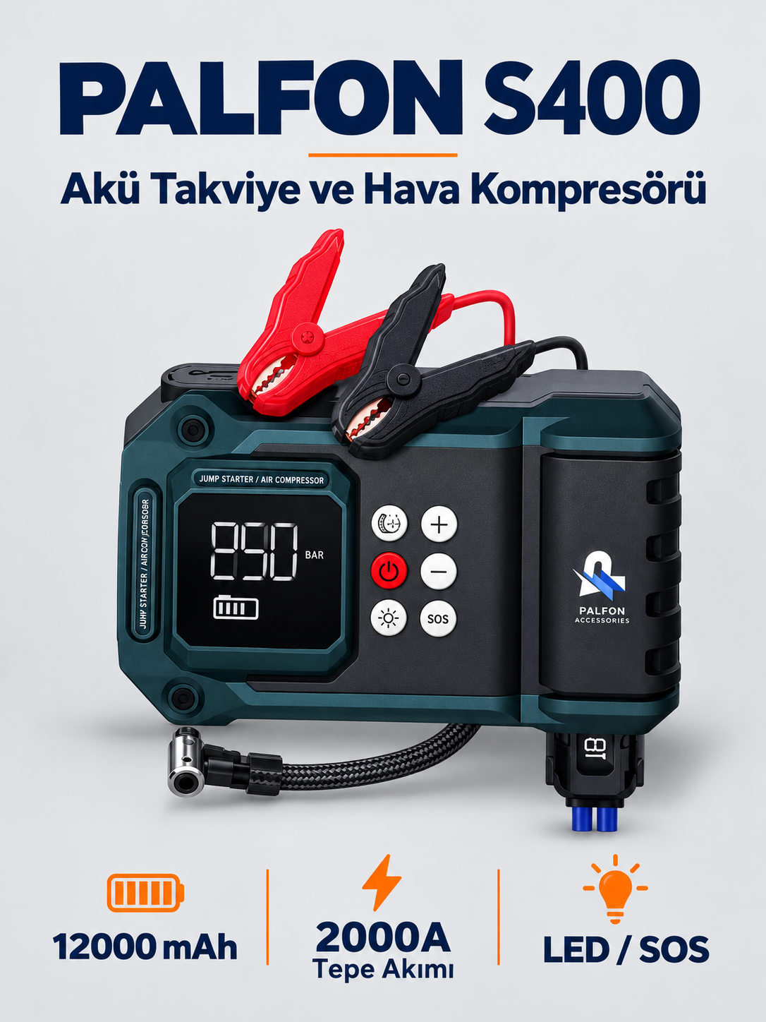 PALFON S400 12000 mAh 2000A Tepe Akımlı Akü Takviye ve Hava Kompresörü PALFON S400 12000 mAh 2000A Tepe Akımlı Akü Takviye ve Hava Kompresörü ürün görseli