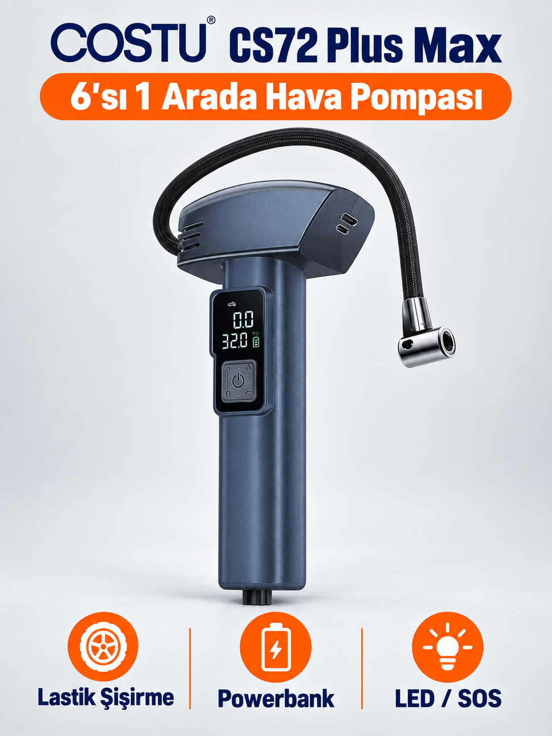 COSTU CS72 Plus Max 6’sı 1 Arada Dijital Hava Pompası ve Powerbank COSTU CS72 Plus Max 6’sı 1 Arada Dijital Hava Pompası ve Powerbank ürün görseli