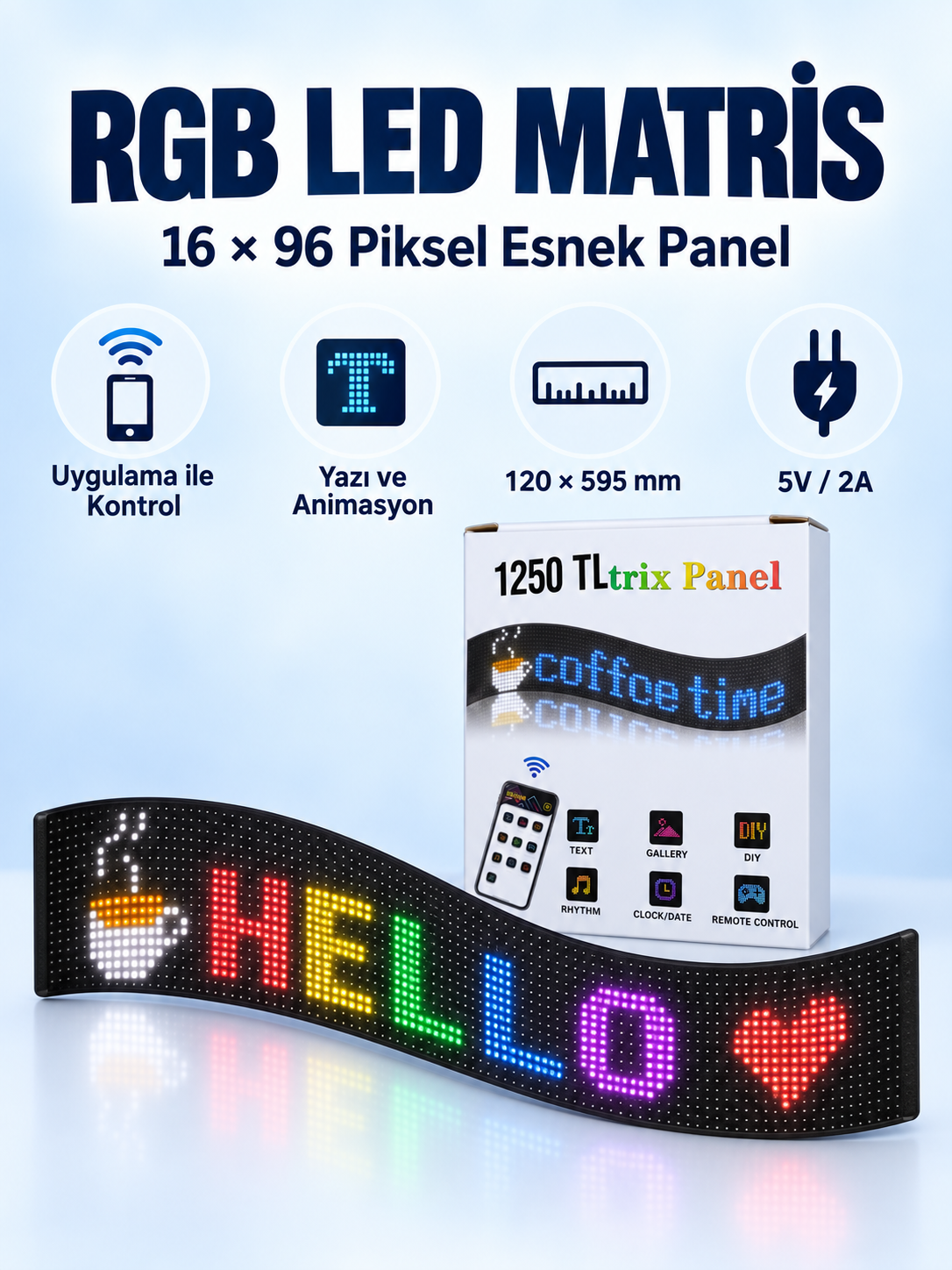 16x96 RGB uygulama kontrollü esnek LED matris yazı ve animasyon paneli 16x96 RGB uygulama kontrollü esnek LED matris yazı ve animasyon paneli