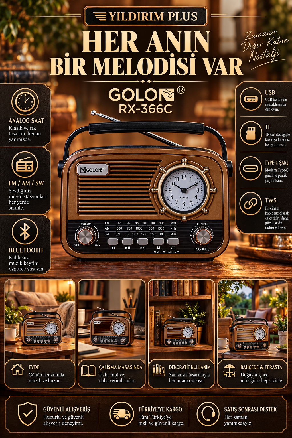 GOLON RX-366C Saatli Taşınabilir Radyo GOLON RX-366C analog saatli Bluetooth FM AM SW taşınabilir radyo afişi