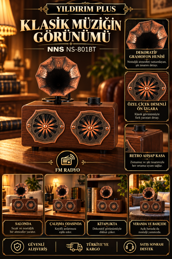 NNS NS-801BT gramofon tasarımlı FM radyo detaylı afişi