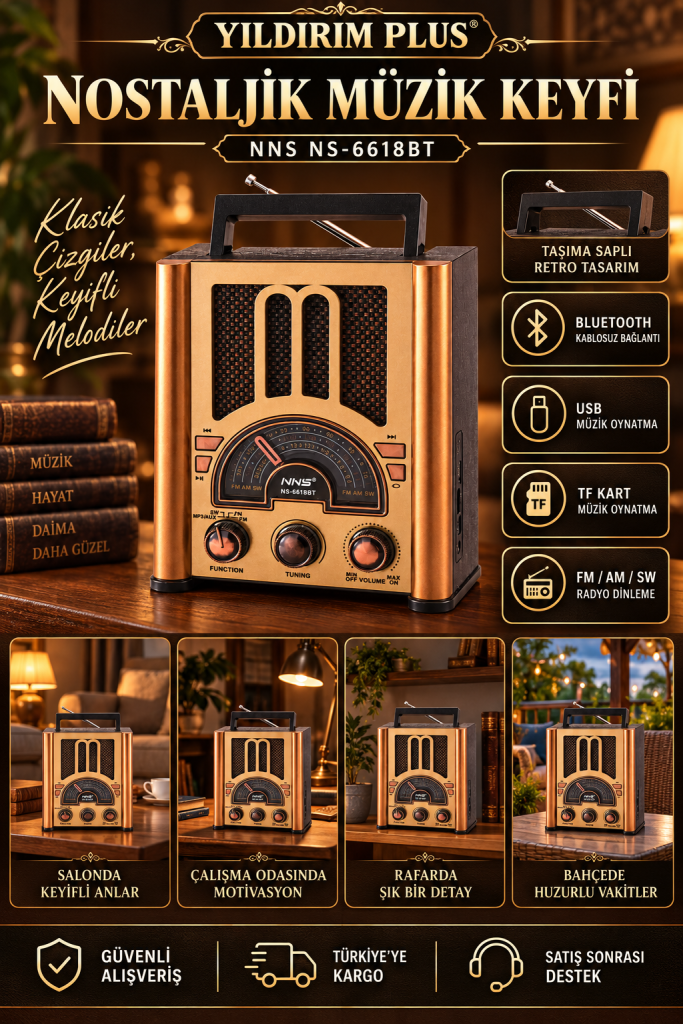 NNS NS-6618BT Bluetooth nostaljik radyo detaylı afişi