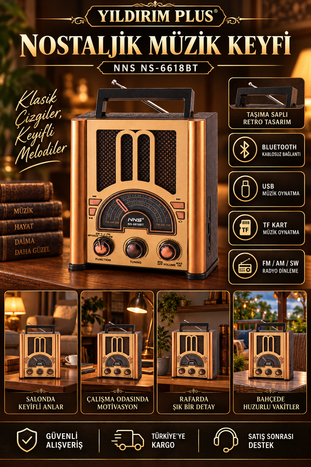 NNS NS-6618BT Detaylı Ürün Afişi NNS NS-6618BT Bluetooth nostaljik radyo detaylı afişi