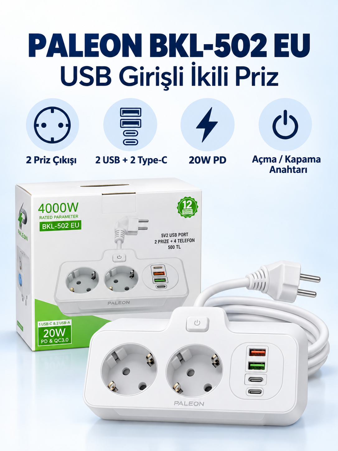 Paleon BKL502EU 2 Priz 2 USB 2 Type-C 20W PD Çoklu Priz ürün bannerı Paleon BKL502EU 2 Priz 2 USB 2 Type-C 20W PD Çoklu Priz ürün bannerı