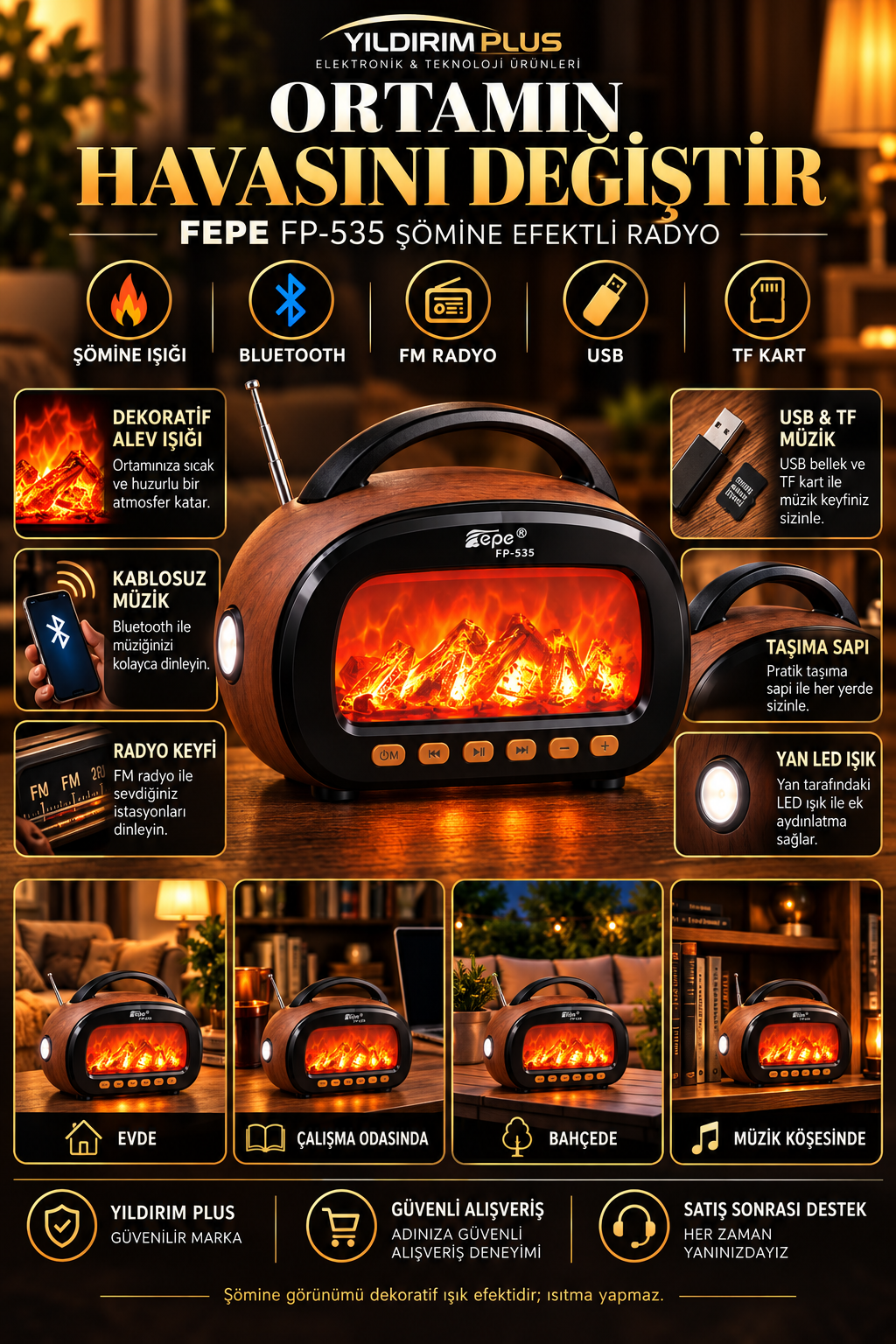 FEPE FP-535 Şömine Efektli Bluetooth Radyo FEPE FP-535 şömine efektli Bluetooth FM radyo ürün afişi