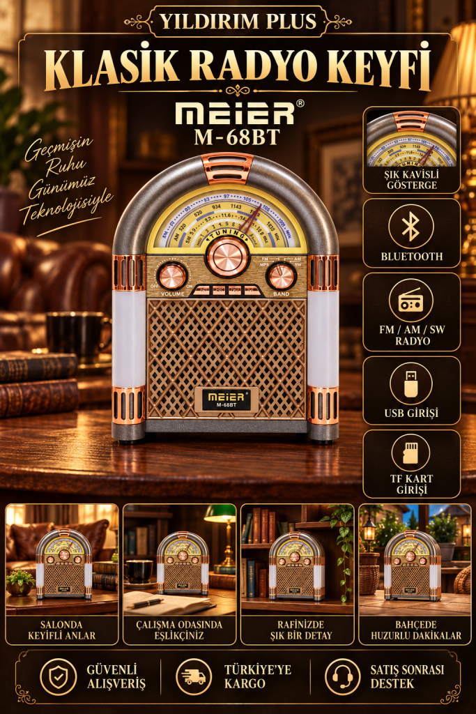 MEIER M-68BT Bluetooth Nostaljik Radyo – FM/AM/SW, USB/TF detaylı ürün afişi