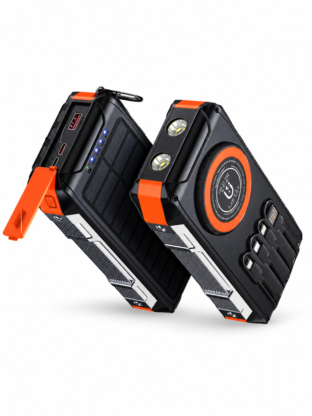 FC30 30000 mAh 22,5W Solar Kablosuz Şarjlı Kablolu Powerbank PLO-FC30 powerbank, ön ve arka görünümü