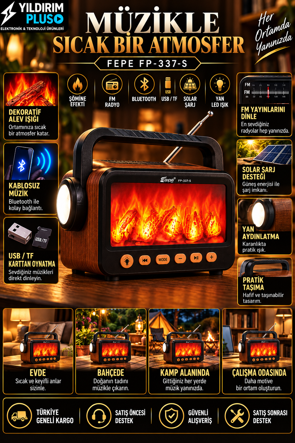 FEPE FP-337-S Şömine Efektli Solar Radyo FEPE FP-337-S solar şarjlı şömine efektli Bluetooth FM radyo ürün afişi