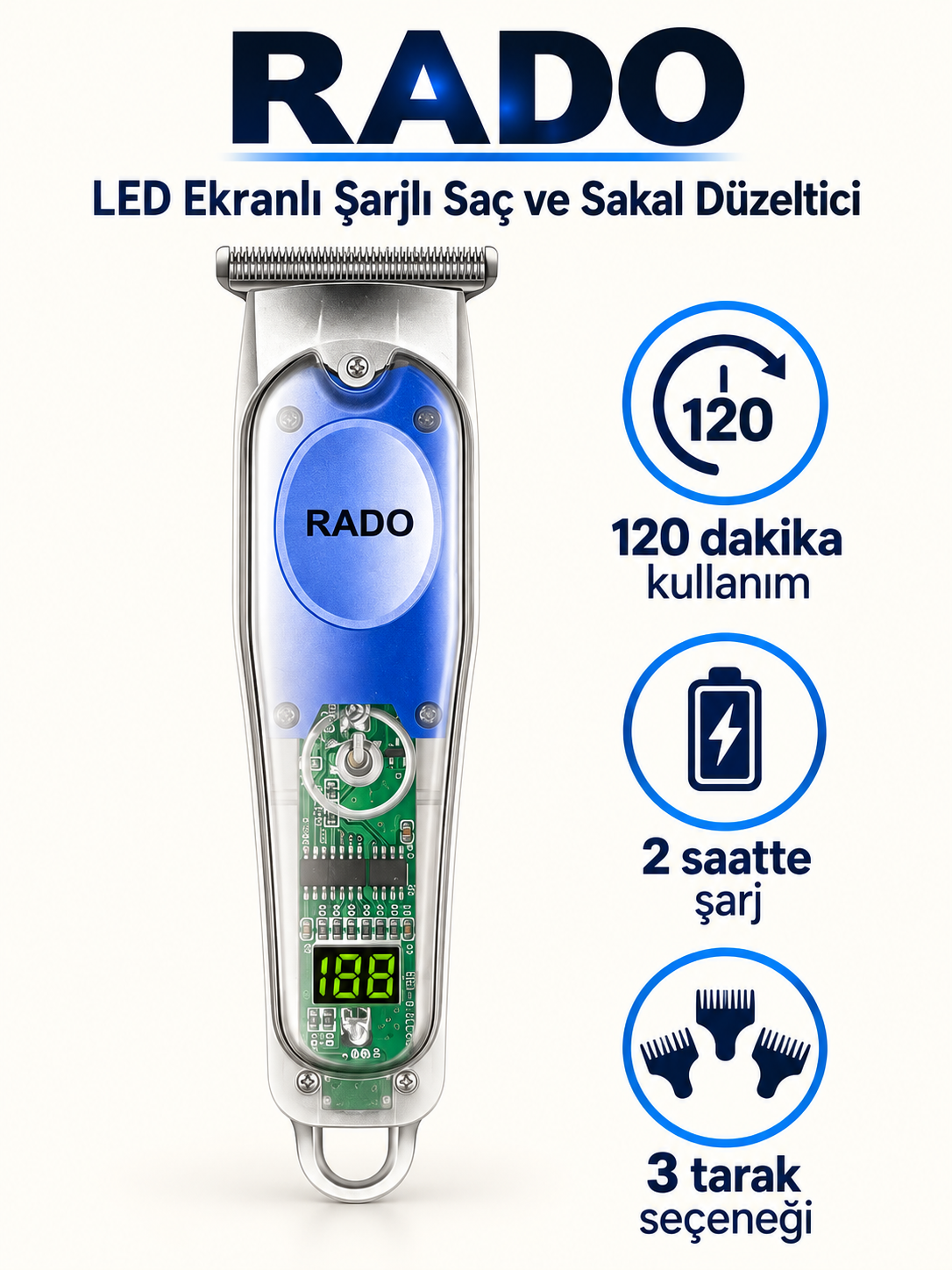 RADO LED Ekranlı Şeffaf Gövdeli Şarjlı Saç ve Sakal Düzeltici RADO LED Ekranlı Şeffaf saç ve sakal bakım cihazı ve ürün özellikleri