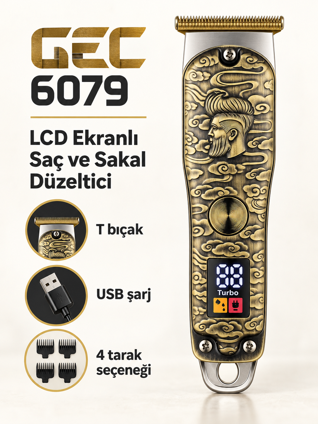 GEC 6079 LCD Ekranlı T Bıçaklı Şarjlı Saç ve Sakal Düzeltici GEC 6079 saç ve sakal bakım cihazı ve ürün özellikleri