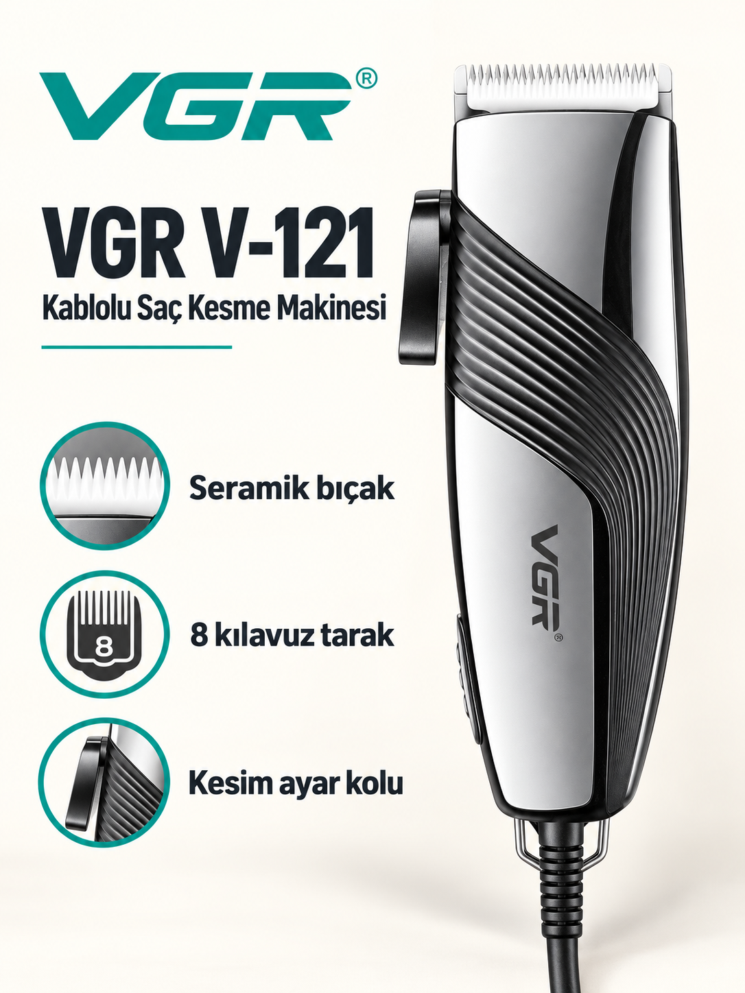 VGR V-121 Seramik Bıçaklı 8 Taraklı Kablolu Saç Kesme Makinesi VGR V-121 saç ve sakal bakım cihazı ve ürün özellikleri