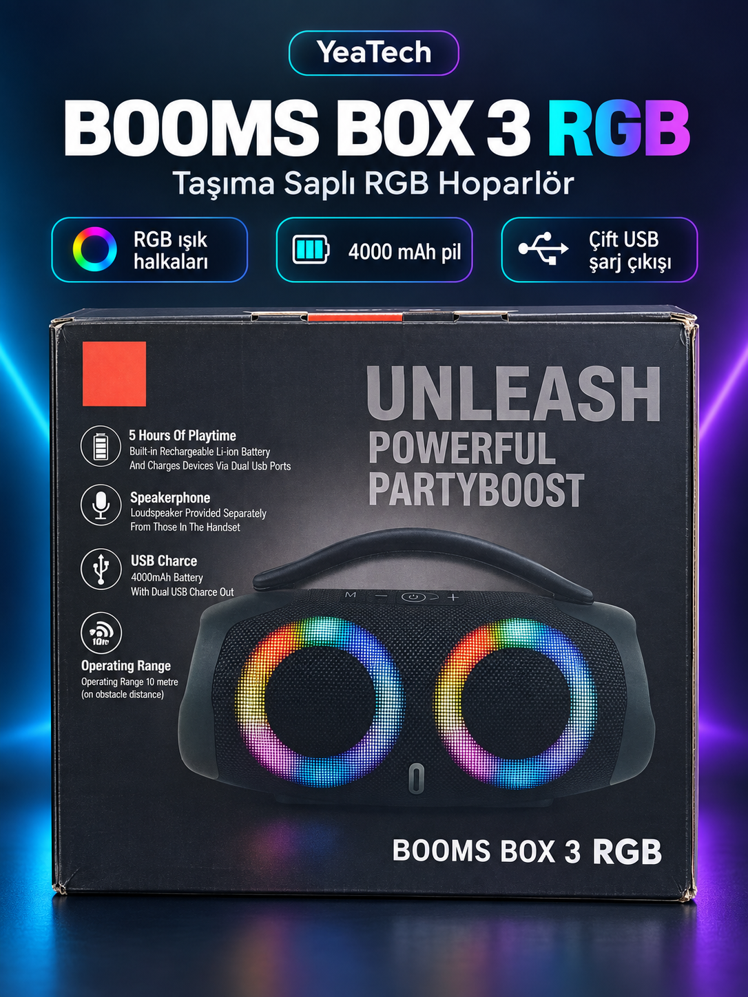 BOOMS BOX 3 RGB 4000 mAh Taşıma Saplı Kablosuz Bluetooth Hoparlör BOOMS BOX 3 RGB 4000 mAh Taşıma Saplı Kablosuz Bluetooth Hoparlör