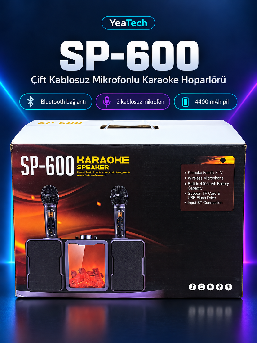 SP-600 4400 mAh Çift Kablosuz Mikrofonlu Bluetooth Karaoke Hoparlörü SP-600 4400 mAh Çift Kablosuz Mikrofonlu Bluetooth Karaoke Hoparlörü
