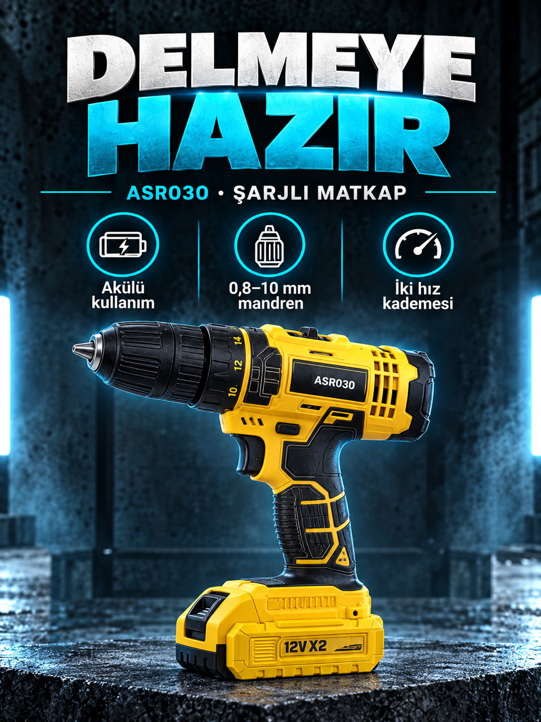 ASR030 Şarjlı Matkap Vidalama Digital Göstergeli ASR030 Şarjlı Matkap Vidalama kutusuz ürün görünümü