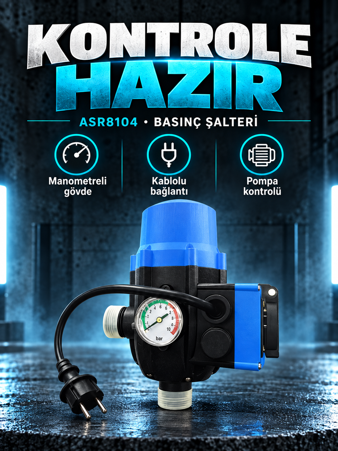ASR8104 Manometreli Su Pompası Basınç Şalteri ASR8104 Manometreli Su Pompası Basınç Şalteri kutusuz ürün görünümü