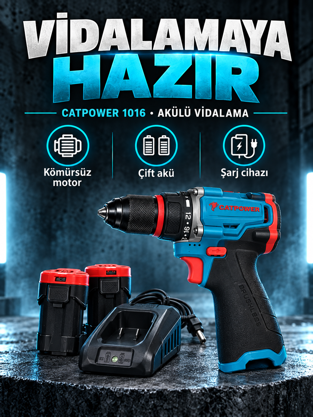 CATPOWER 1016 Kömürsüz Çift Akülü Vidalama Seti CATPOWER 1016 Kömürsüz Çift Akülü Vidalama Seti kutusuz ürün görünümü