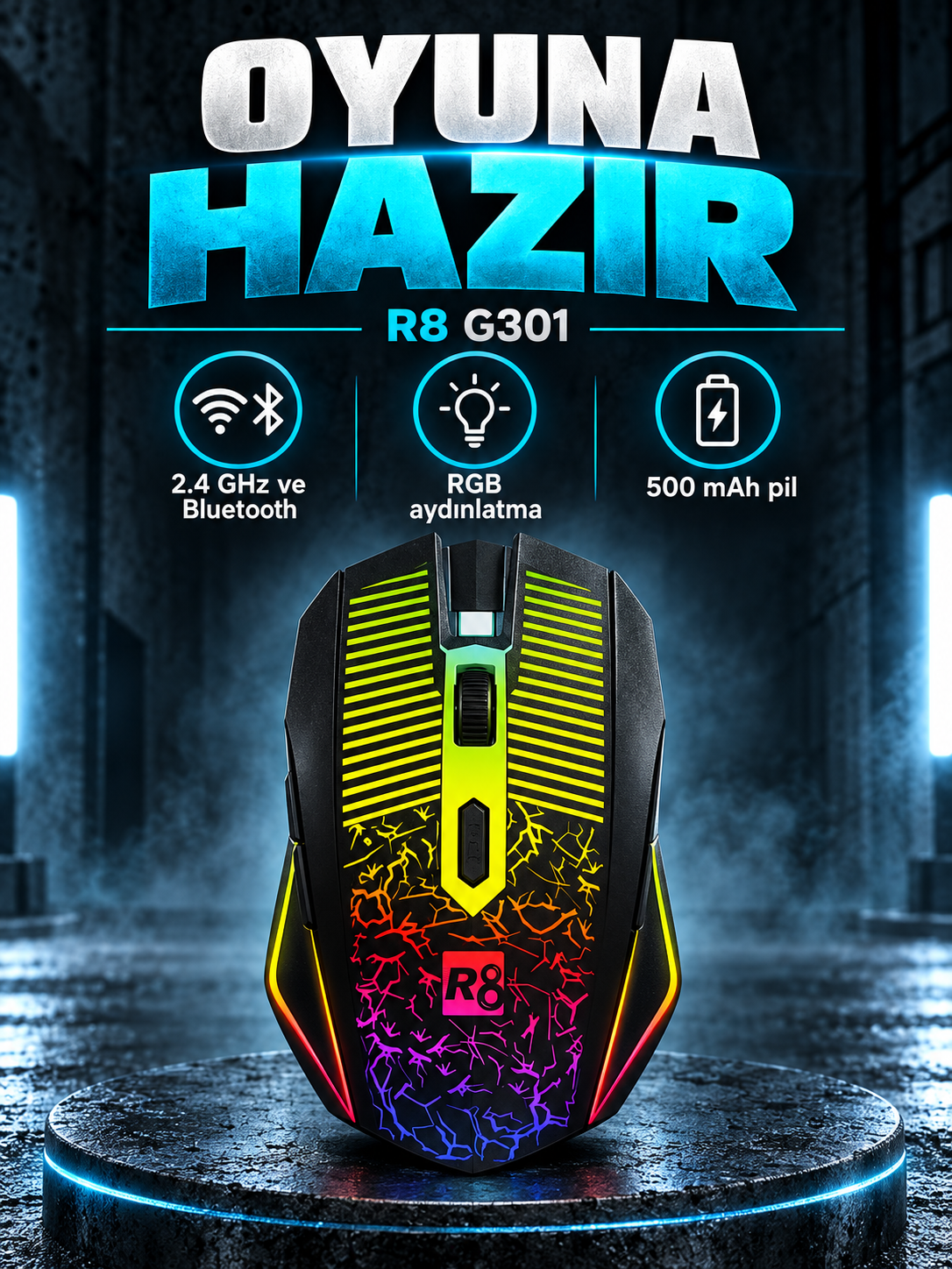 R8 G301 RGB Kablosuz Oyuncu Mouse R8 G301 RGB Kablosuz Oyuncu Mouse kutusuz ürün görünümü
