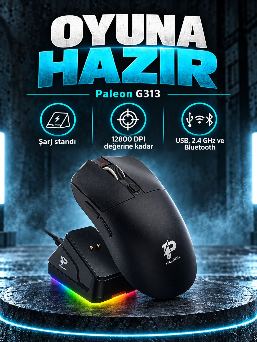 Paleon G313 Şarj Standlı RGB Oyuncu Mouse – 12800 DPI Bluetooth 2.4 GHz ve USB Paleon G313 Şarj Standlı RGB Oyuncu Mouse kutusuz ürün görünümü