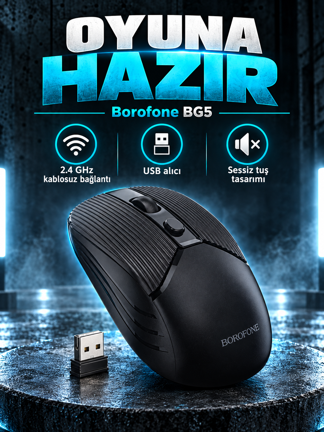 Borofone BG5 Sessiz Kablosuz Mouse Borofone BG5 Sessiz Kablosuz Mouse kutusuz ürün görünümü