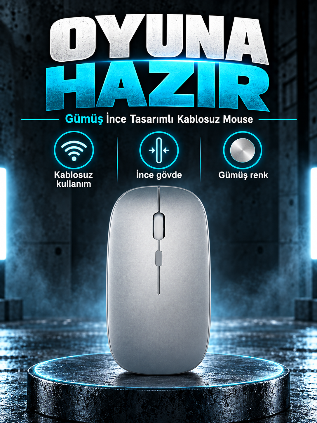Gümüş İnce Tasarımlı Kablosuz Mouse Gümüş İnce Tasarımlı Kablosuz Mouse kutusuz ürün görünümü