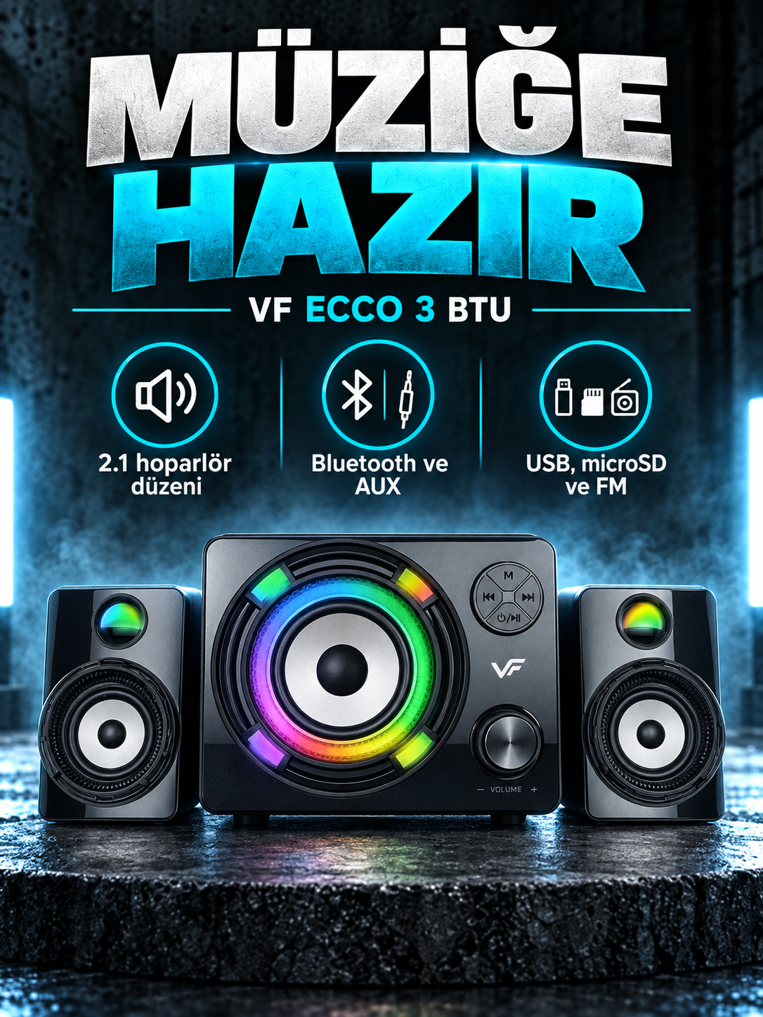 VF ECCO 3 BTU RGB 2.1 Bluetooth Hoparlör Seti VF ECCO 3 BTU RGB 2.1 Bluetooth Hoparlör Seti kutusuz ürün görünümü
