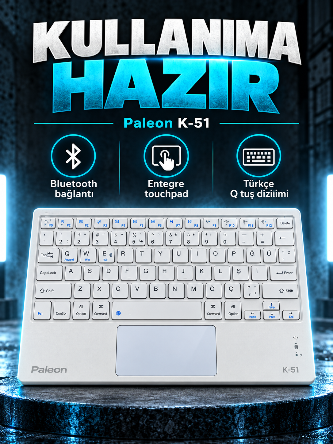 Paleon K-51 Touchpadli Bluetooth Klavye – Beyaz Paleon K-51 Touchpadli Bluetooth Klavye – Beyaz kutusuz ürün görünümü