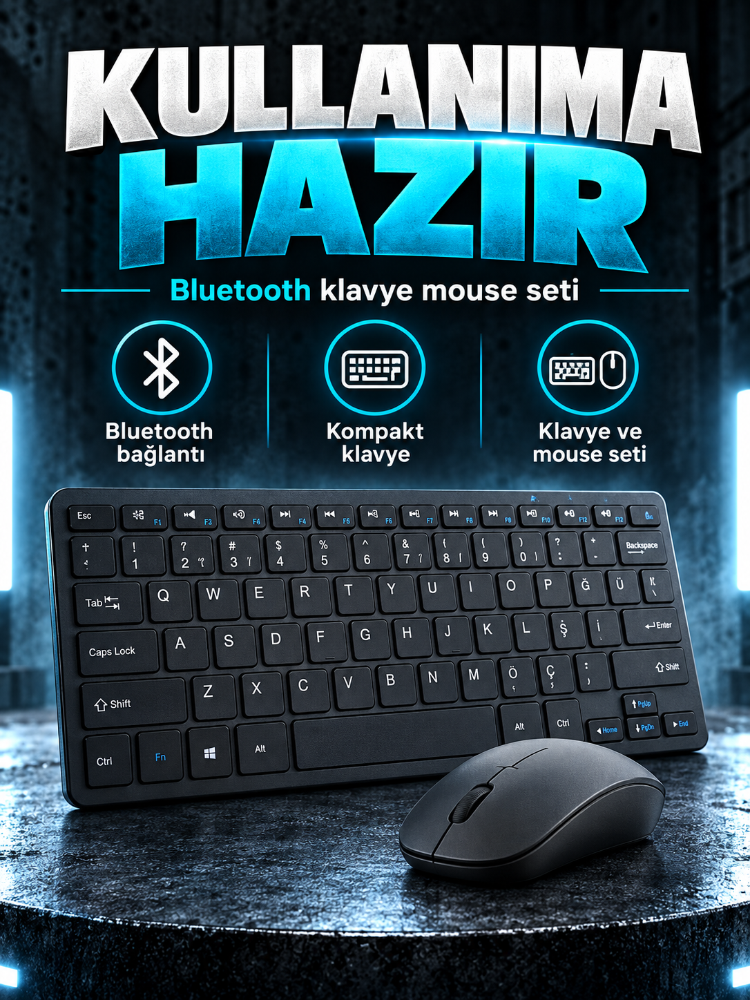 Kompakt Bluetooth Klavye ve Mouse Seti – Siyah Kompakt Bluetooth Klavye ve Mouse Seti – Siyah kutusuz ürün görünümü