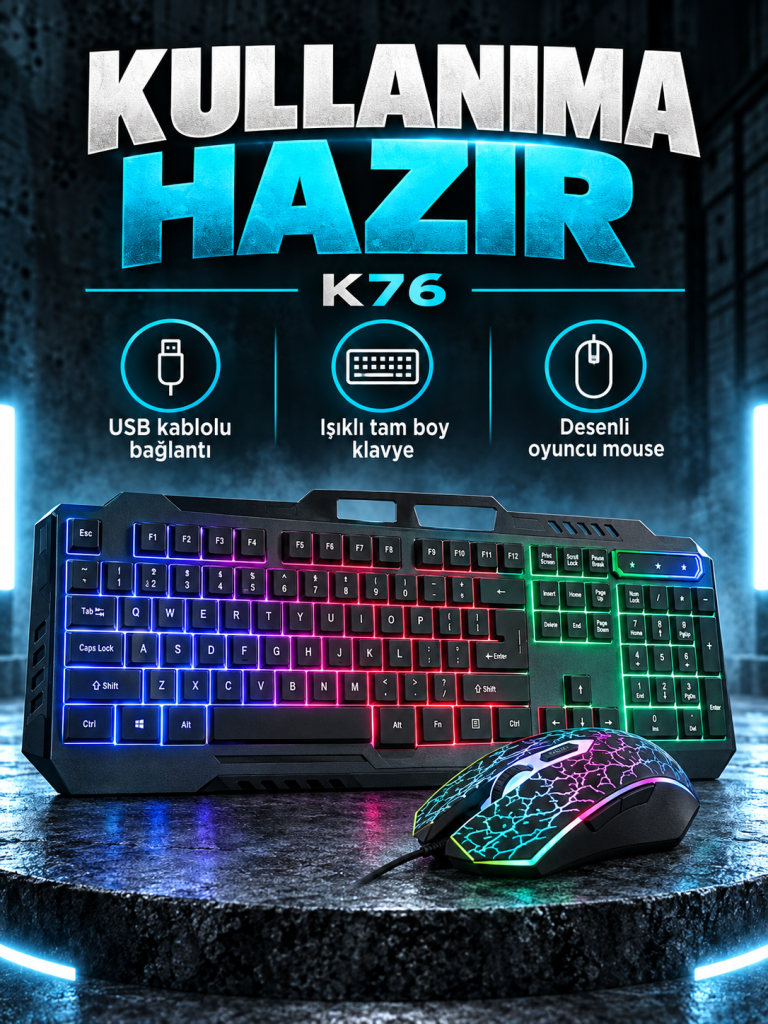 K76 Işıklı Kablolu Oyuncu Klavye ve Mouse Seti kutusuz ürün görünümü