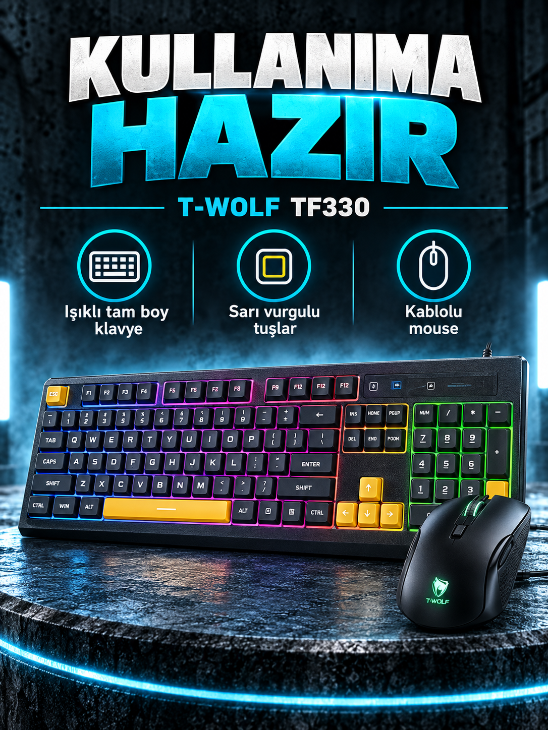 T-WOLF TF330 Işıklı Oyuncu Klavye ve Mouse Seti T-WOLF TF330 Işıklı Oyuncu Klavye ve Mouse Seti kutusuz ürün görünümü