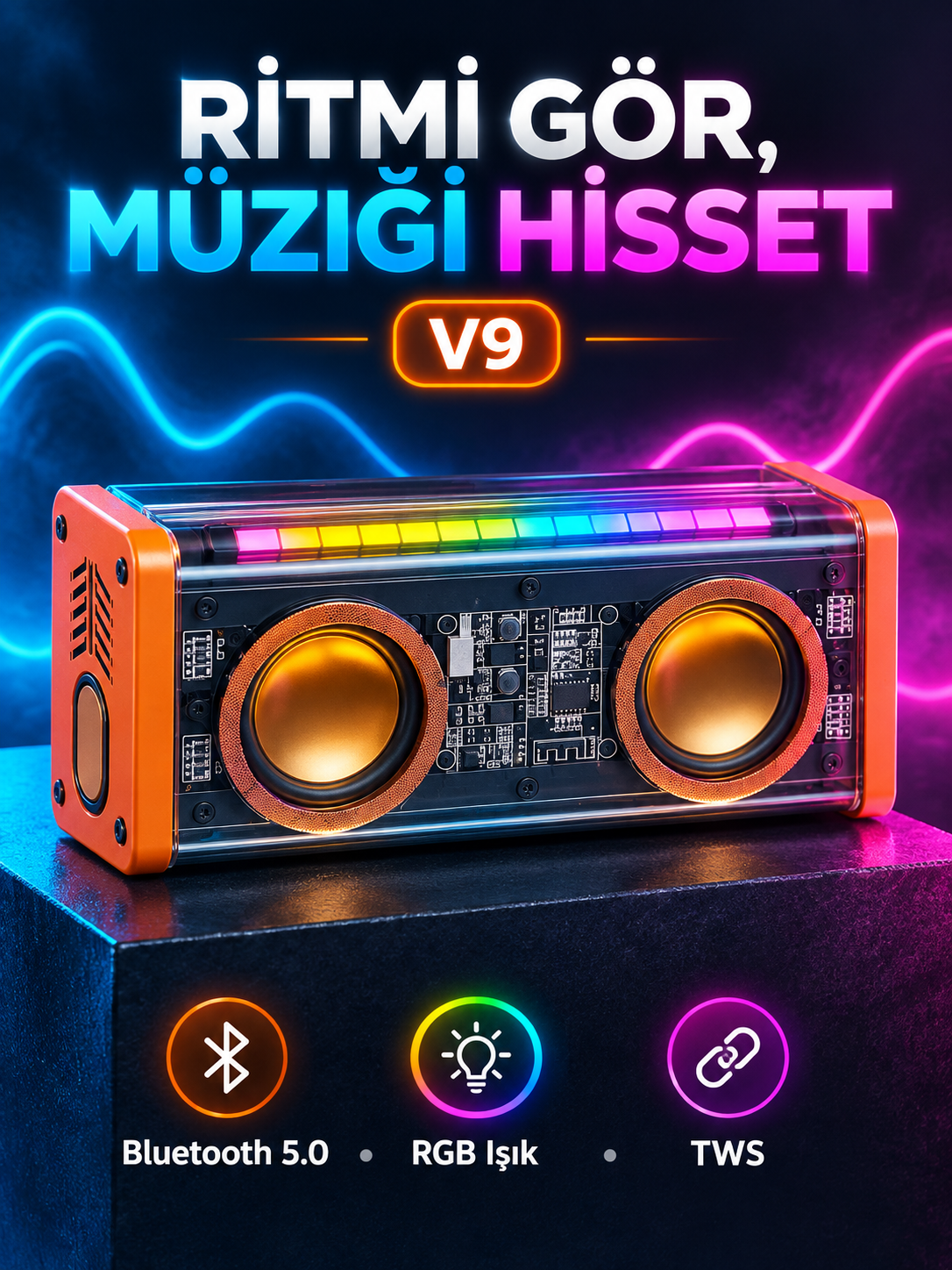 V9 Şeffaf RGB Bluetooth Hoparlör V9 Şeffaf RGB Bluetooth Hoparlör ürün görünümü