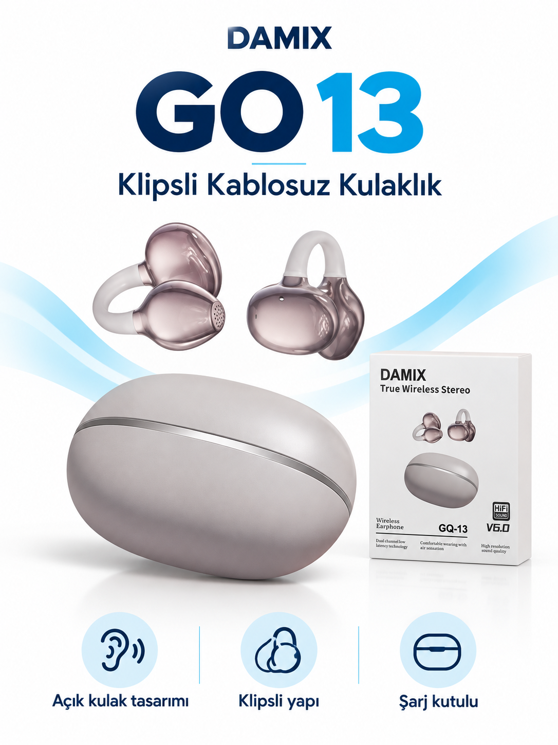DAMIX GO13 metalik pembe açık kulak klipsli Bluetooth kablosuz kulaklık ve oval şarj kutusu GO 13 Açık Kulak Klipsli Kablosuz Kulaklık Şarj Kutulu ürün ve ambalaj görünümü