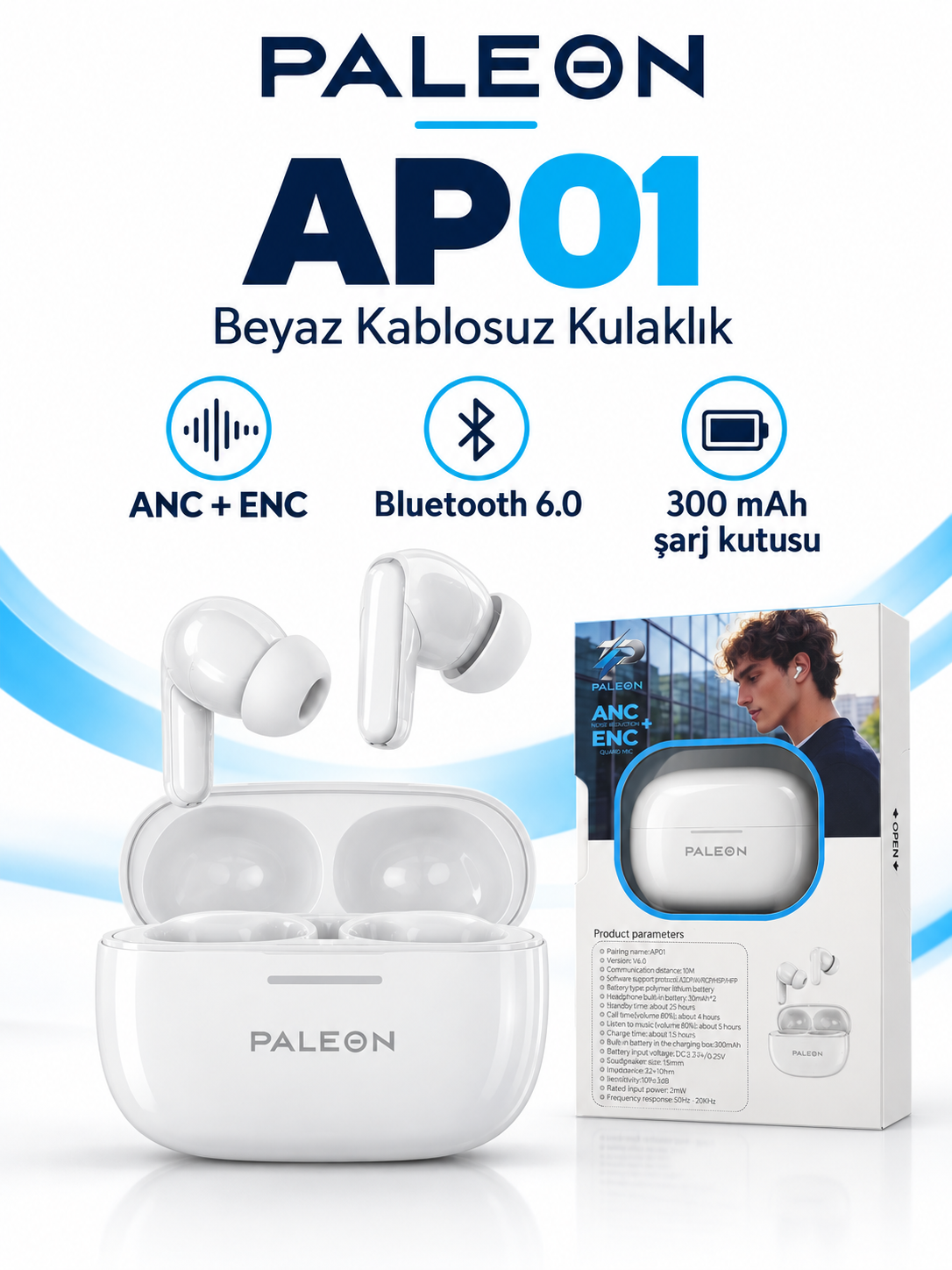Paleon AP01 ANC ENC Bluetooth 6.0 Kablosuz Kulaklık Beyaz ürün ve ambalaj görünümü Paleon AP01 ANC ENC Bluetooth 6.0 Kablosuz Kulaklık Beyaz ürün ve ambalaj görünümü