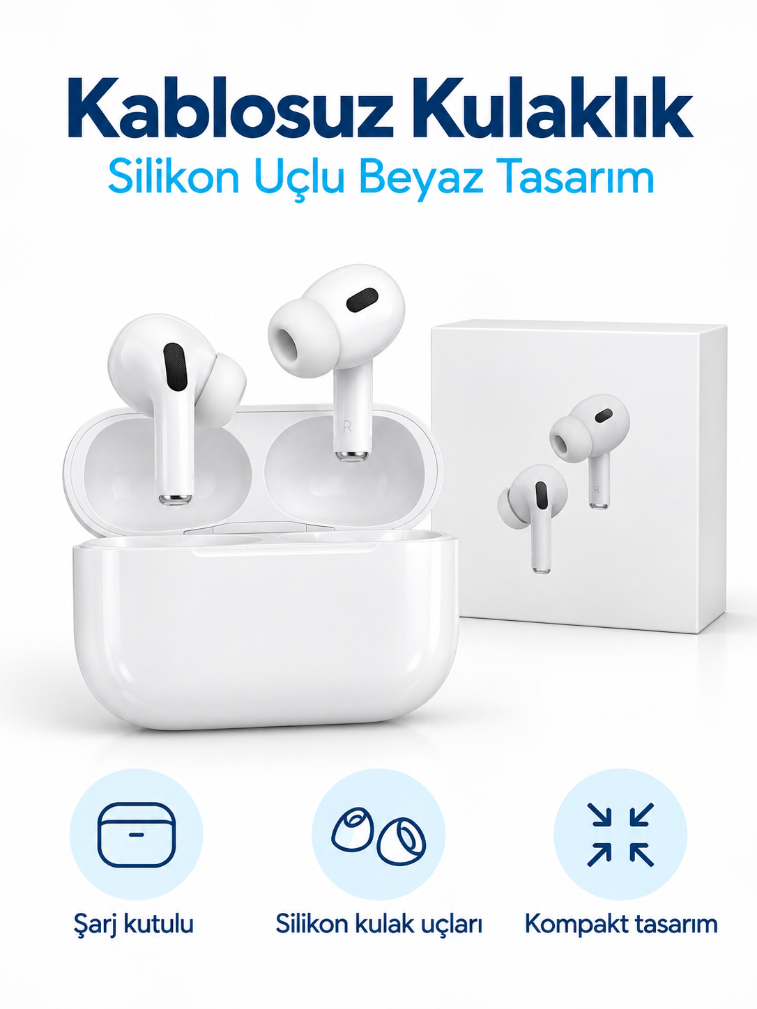 Silikon Uçlu Kablosuz Kulaklık Şarj Kutulu Beyaz ürün ve ambalaj görünümü Silikon Uçlu Kablosuz Kulaklık Şarj Kutulu Beyaz ürün ve ambalaj görünümü