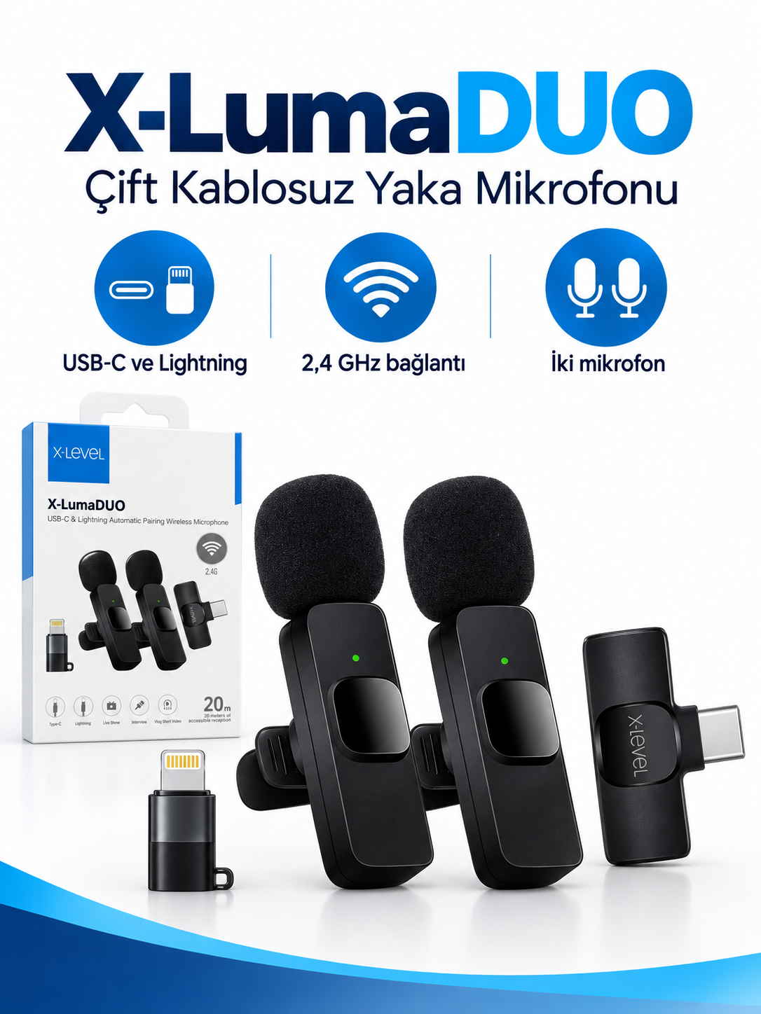 X-Level X-LumaDUO XMC3001 Çift Kablosuz Yaka Mikrofonu USB-C Lightning X-Level X-LumaDUO XMC3001 Çift Kablosuz Yaka Mikrofonu USB-C Lightning ürün ve ambalaj görünümü